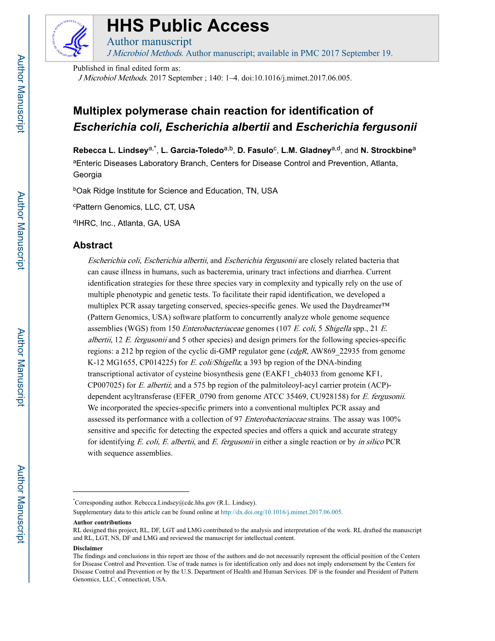 Multiplex Polymerase Chain Reaction for Identification of Escherichia Coli, Escherichia Albertii and Escherichia Fergusonii