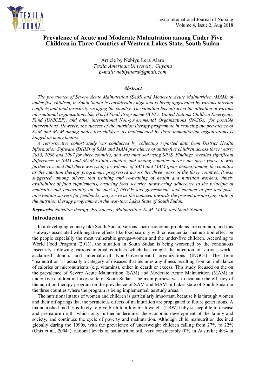 Prevalence of Acute and Moderate Malnutrition Among Under Five Children in Three Counties of Western Lakes State, South Sudan