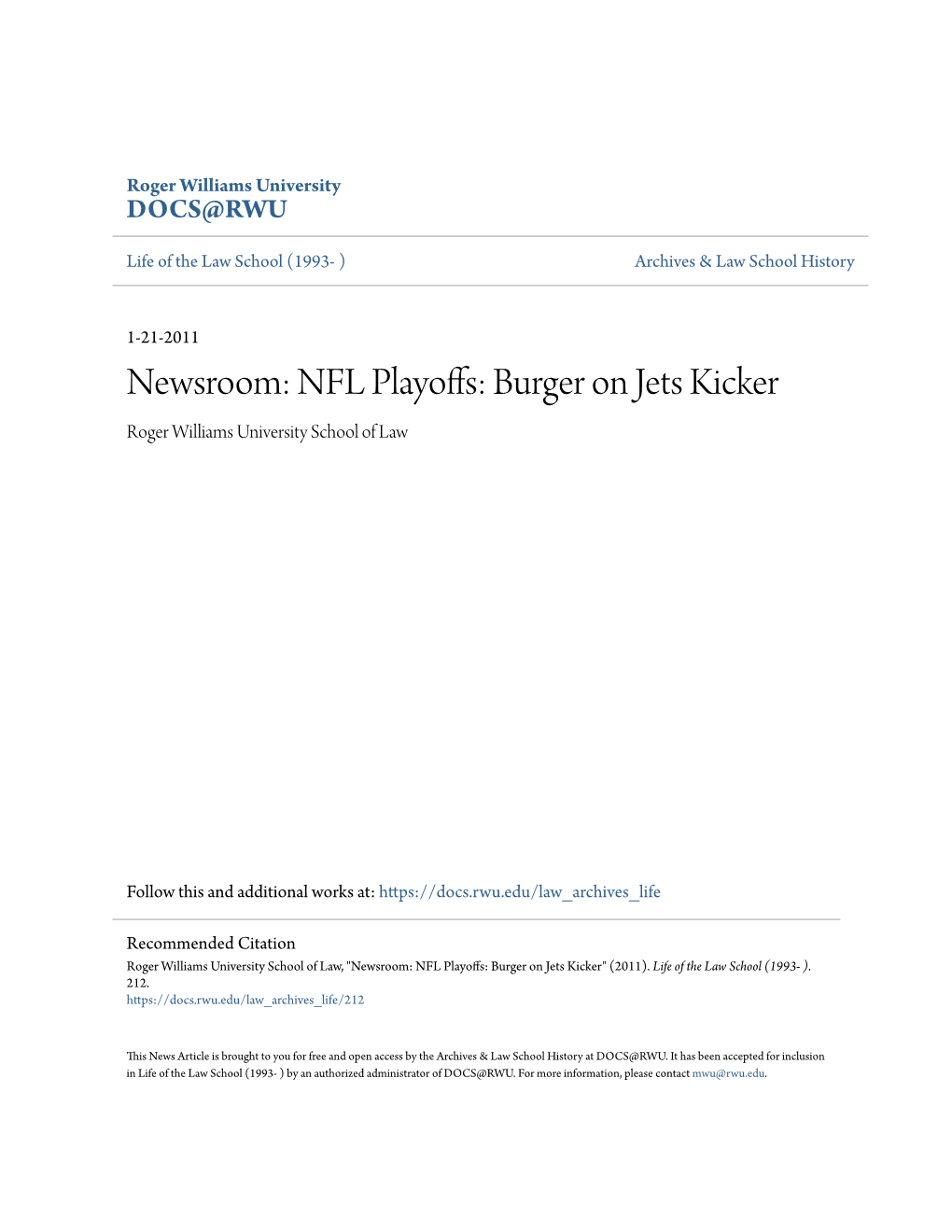 NFL Playoffs: Burger on Jets Kicker Roger Williams University School of Law