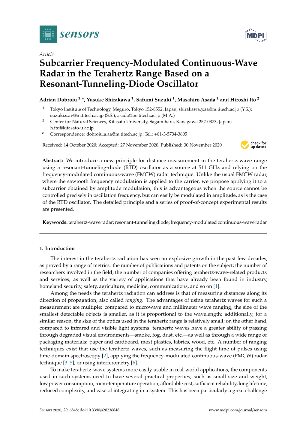 Subcarrier Frequency-Modulated Continuous-Wave Radar in the Terahertz Range Based on a Resonant-Tunneling-Diode Oscillator