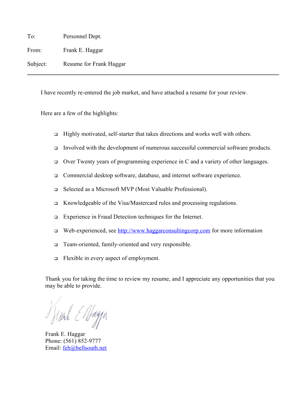 Subject: Resume for Frank Haggar