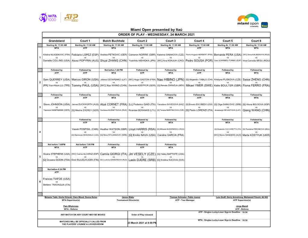 Miami Open Presented by Itaú ORDER of PLAY - WEDNESDAY, 24 MARCH 2021