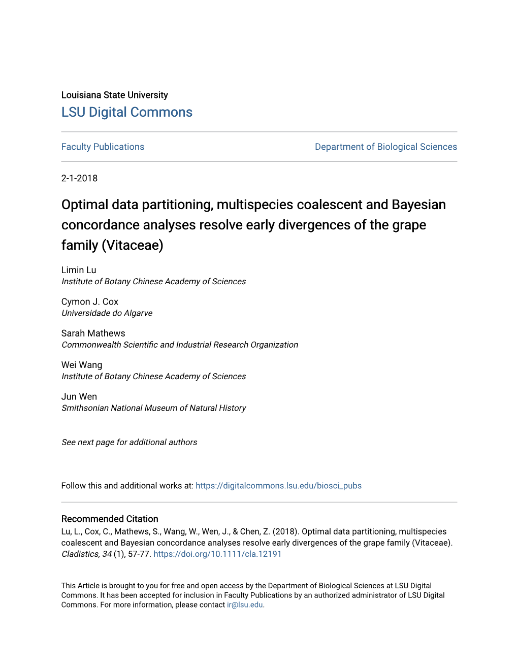 Optimal Data Partitioning, Multispecies Coalescent and Bayesian Concordance Analyses Resolve Early Divergences of the Grape Family (Vitaceae)