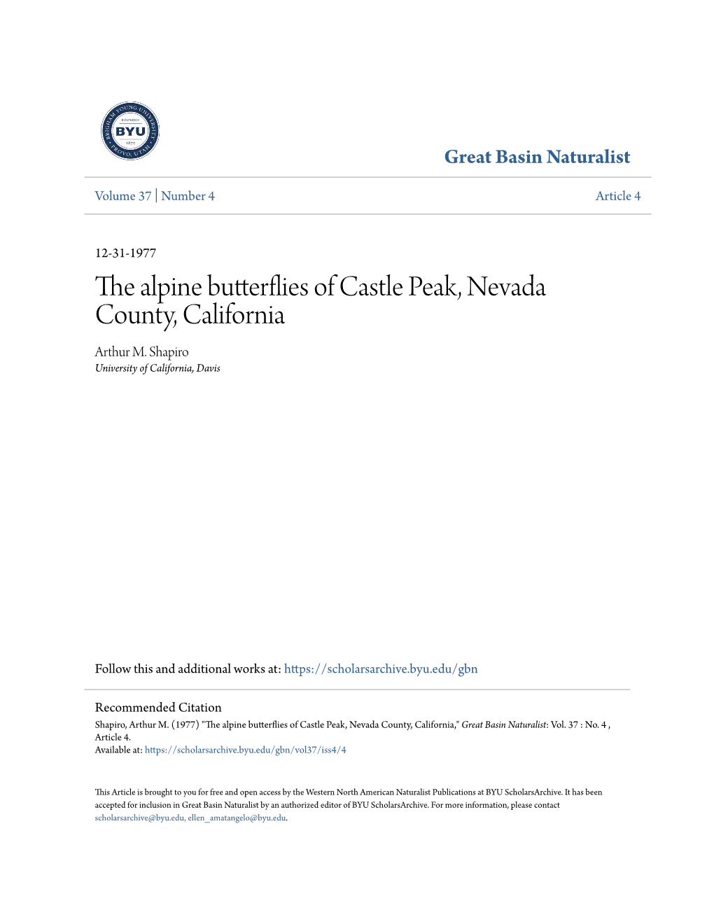 The Alpine Butterflies of Castle Peak, Nevada County, California," Great Basin Naturalist: Vol
