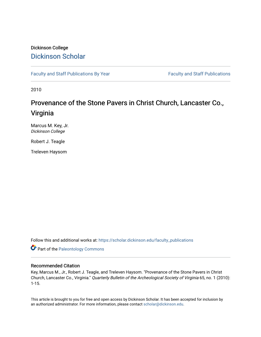 Provenance of the Stone Pavers in Christ Church, Lancaster Co., Virginia