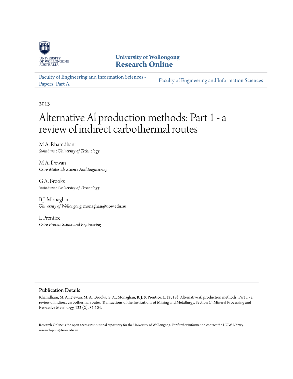 Alternative Al Production Methods: Part 1 - a Review of Indirect Carbothermal Routes M A