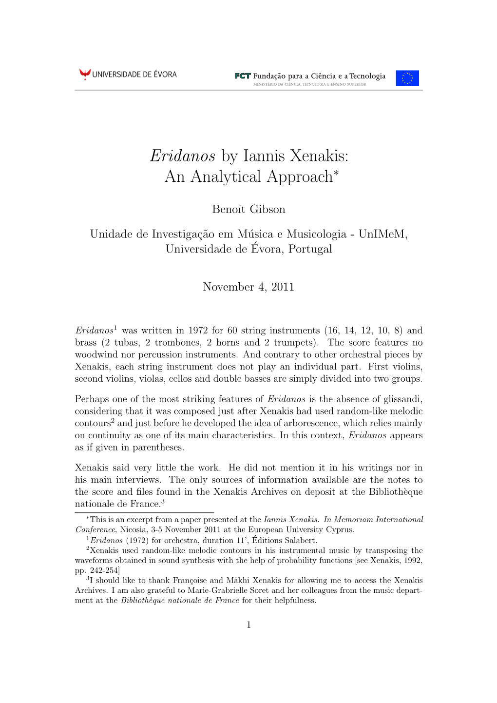 Eridanos by Iannis Xenakis: an Analytical Approach∗