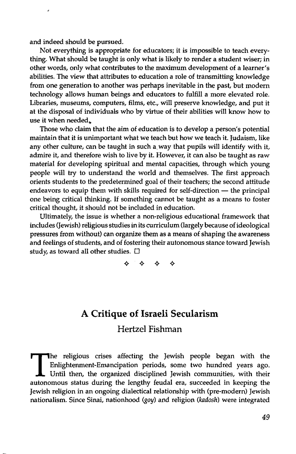 A Critique of Israeli Secularism Hertzel Fishman