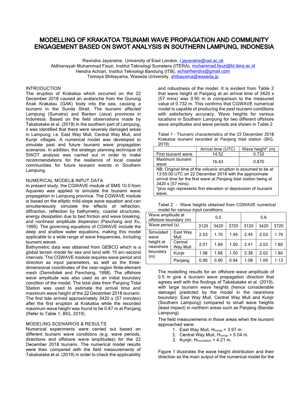 Modelling of Krakatoa Tsunami Wave Propagation and Community Engagement Based on Swot Analysis in Southern Lampung, Indonesia