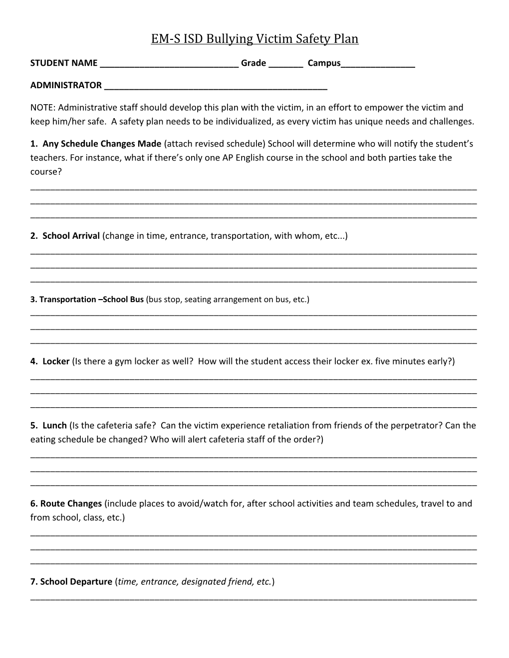 EM-S ISD Bullying Victim Safety Plan