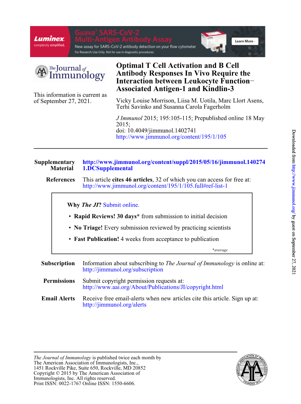 Associated Antigen-1 and Kindlin-3 This Information Is Current As of September 27, 2021