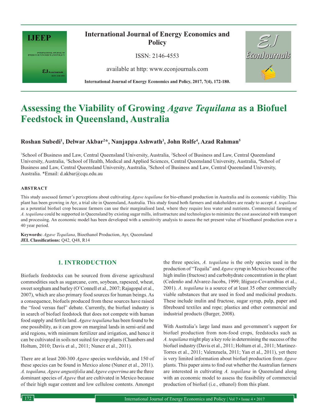 Assessing the Viability of Growing Agave Tequilana As a Biofuel Feedstock in Queensland, Australia