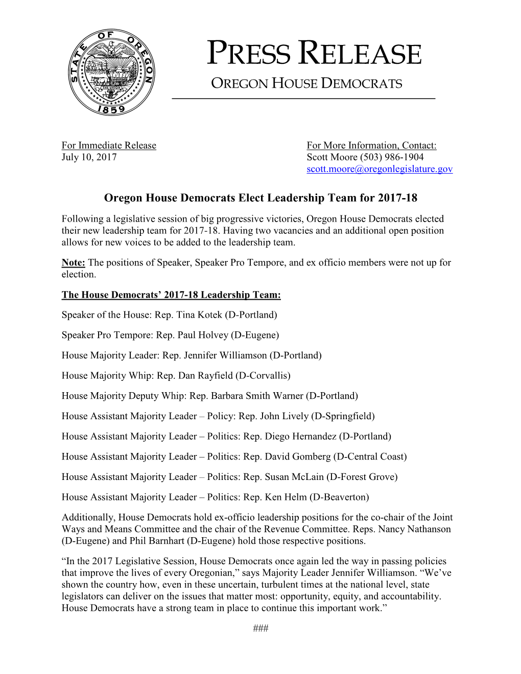 Press Release Oregon House Democrats