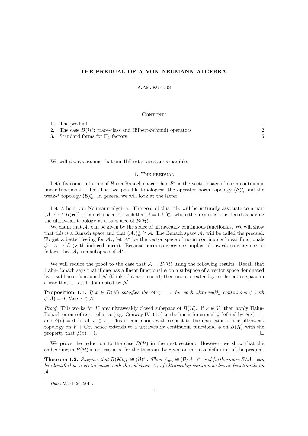 Trace-Class and Hilbert-Schmidt Operators 2 3. Standard Forms for II1 Factors 5