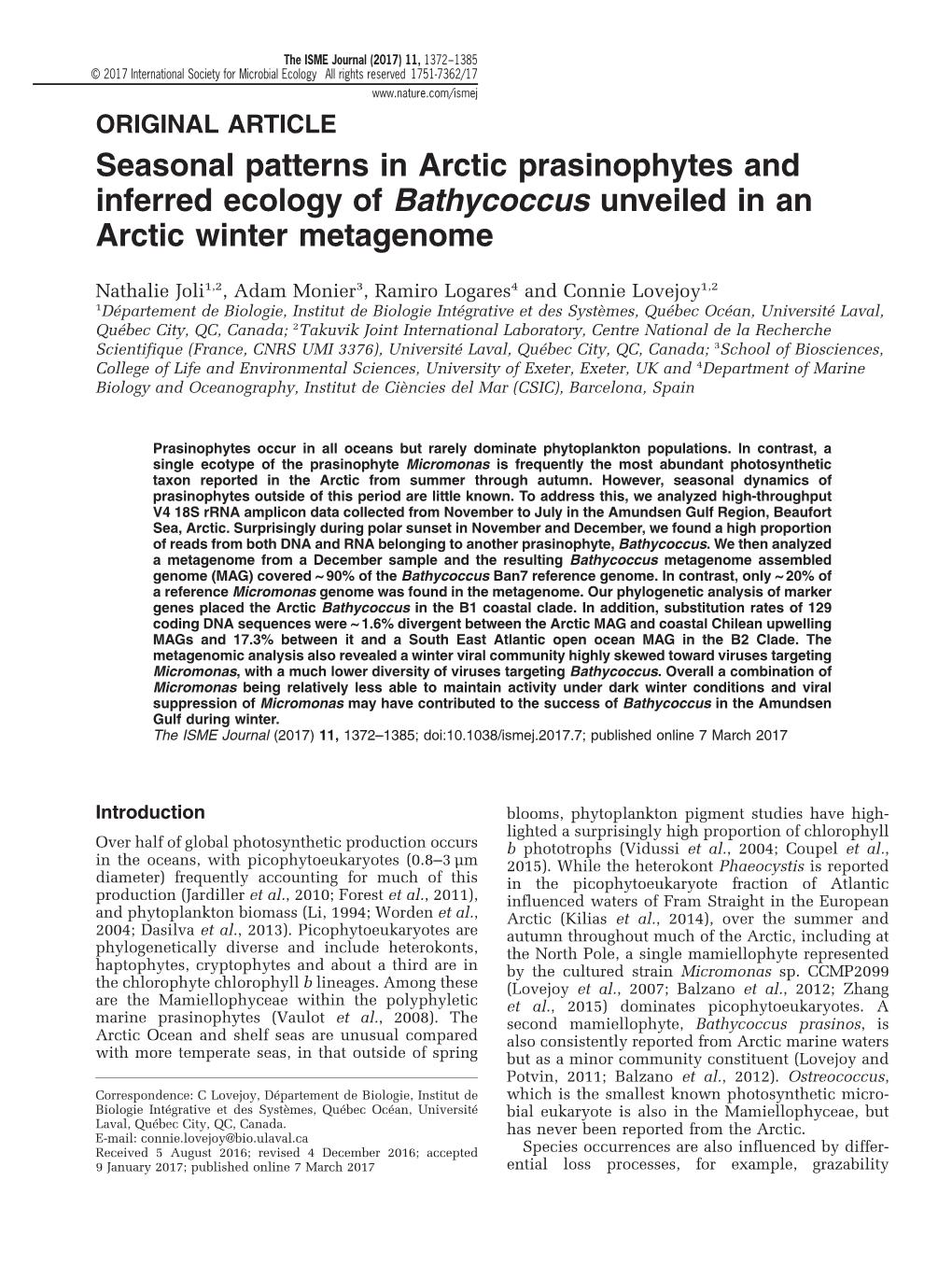 Seasonal Patterns in Arctic Prasinophytes and Inferred Ecology of Bathycoccus Unveiled in an Arctic Winter Metagenome