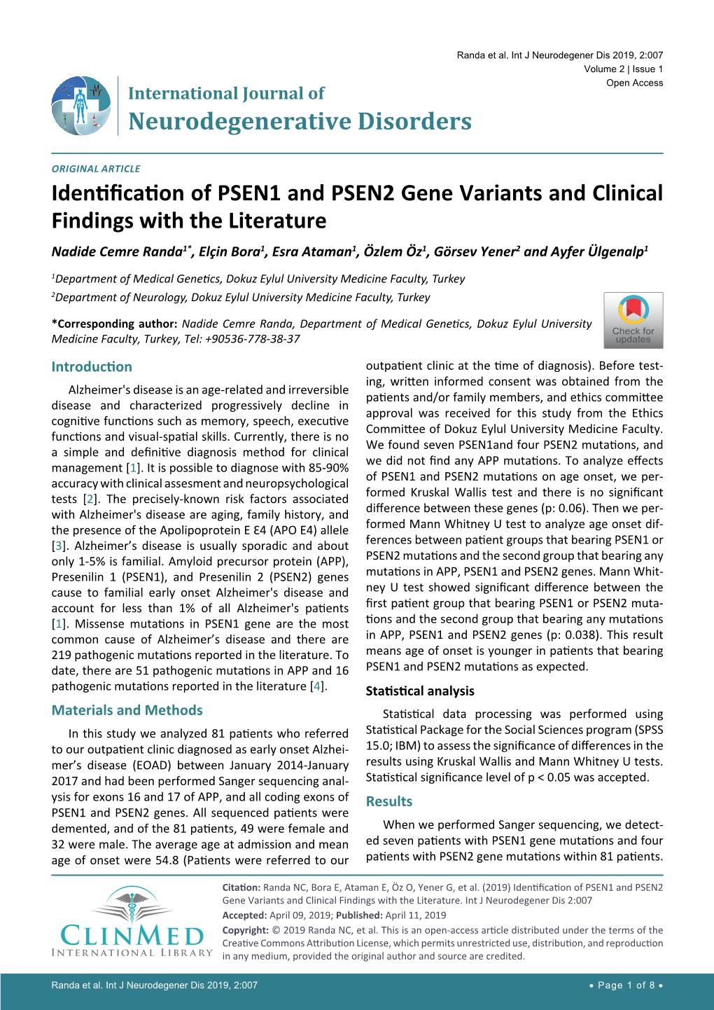 Identification of PSEN1 and PSEN2 Gene Variants and Clinical