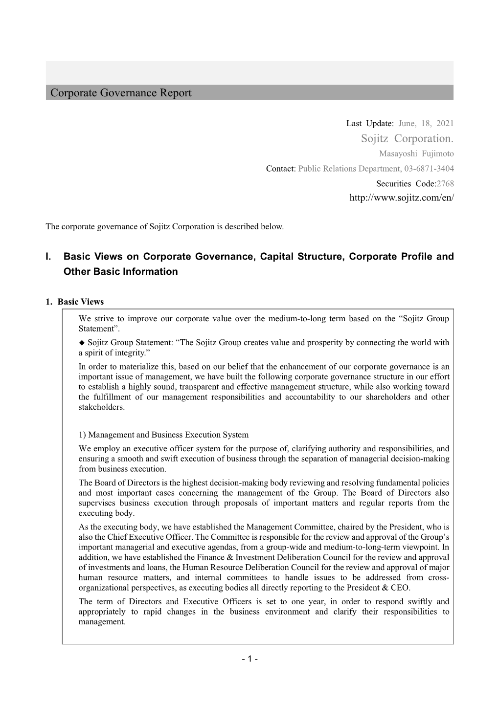 Corporate Governance Report Sojitz Corporation
