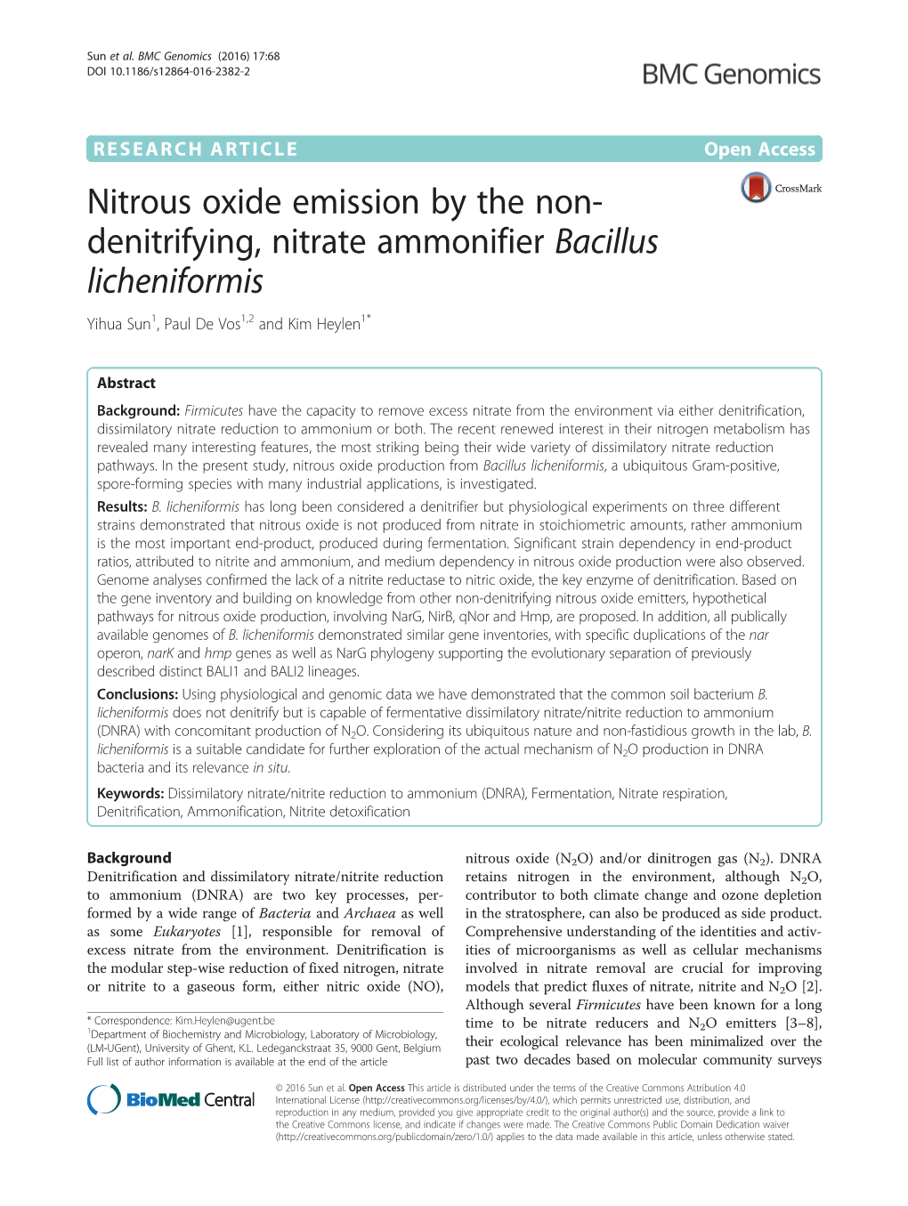 Nitrous Oxide Emission by the Non- Denitrifying, Nitrate Ammonifier Bacillus Licheniformis