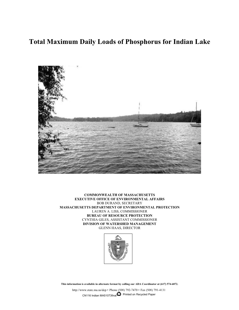 Total Maximum Daily Loads of Phosphorus for Indian Lake