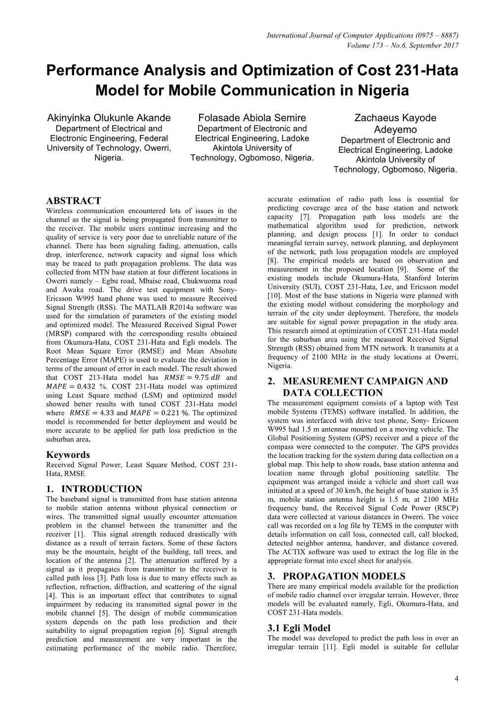 Performance Analysis and Optimization of Cost 231-Hata Model for Mobile Communication in Nigeria