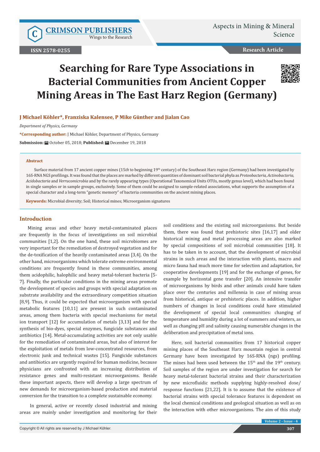 Searching for Rare Type Associations in Bacterial Communities from Ancient Copper Mining Areas in the East Harz Region (Germany)