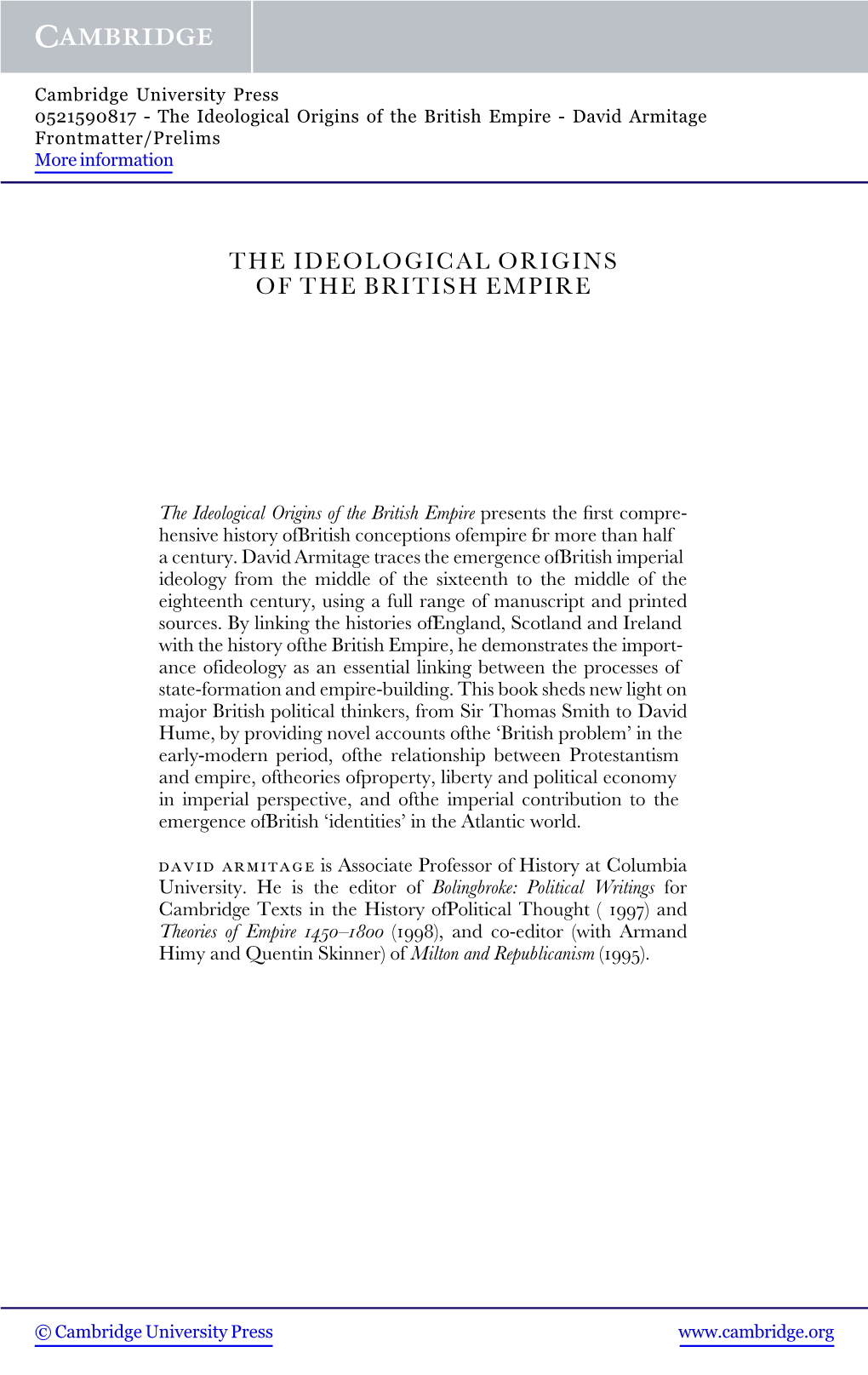 The Ideological Origins of the British Empire - David Armitage Frontmatter/Prelims More Information