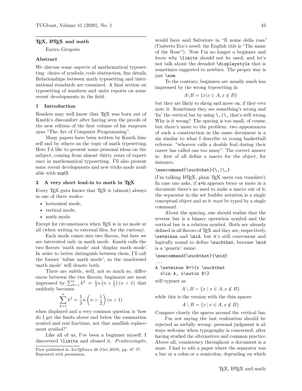 Tugboat, Volume 41 (2020), No. 1 43 TEX, LATEX and Math Enrico Gregorio Abstract We Discuss Some Aspects of Mathematical Typeset