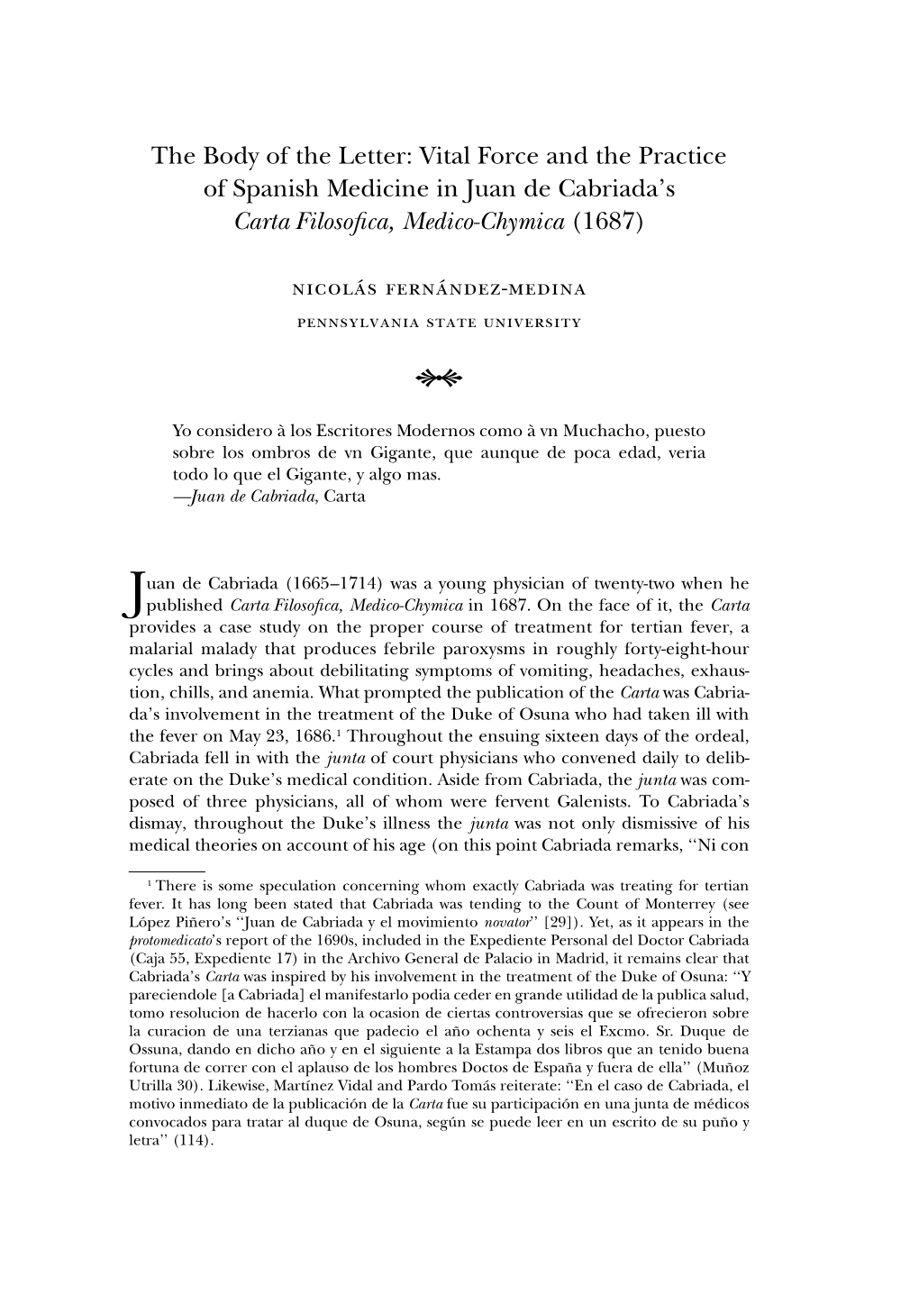 Vital Force and the Practice of Spanish Medicine in Juan De Cabriada’S Carta Filosoﬁca, Medico-Chymica (1687)
