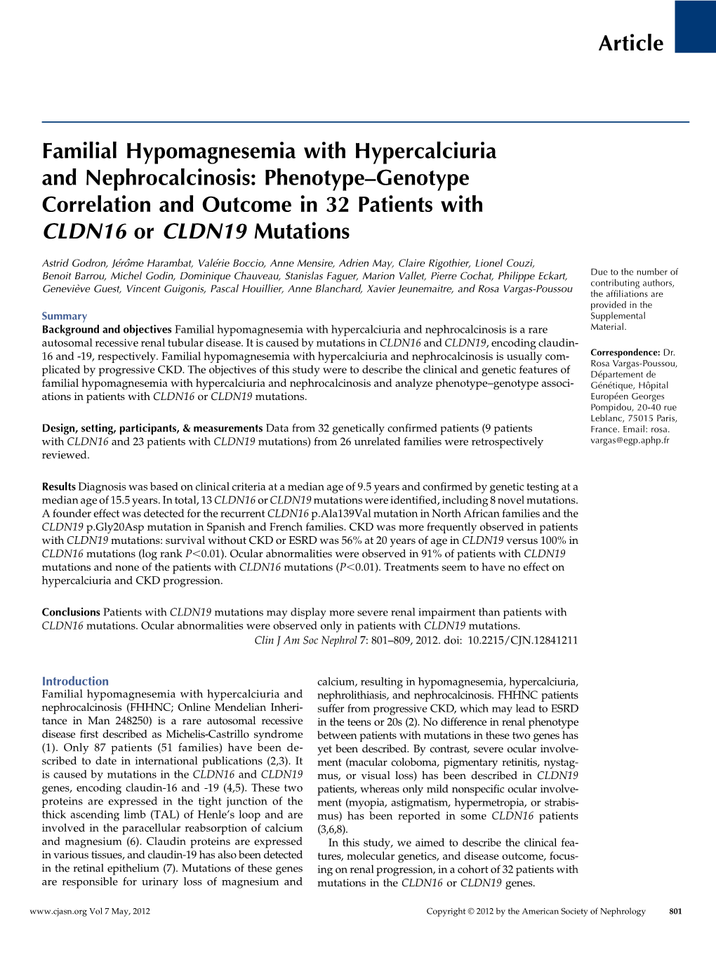 Article Familial Hypomagnesemia with Hypercalciuria And