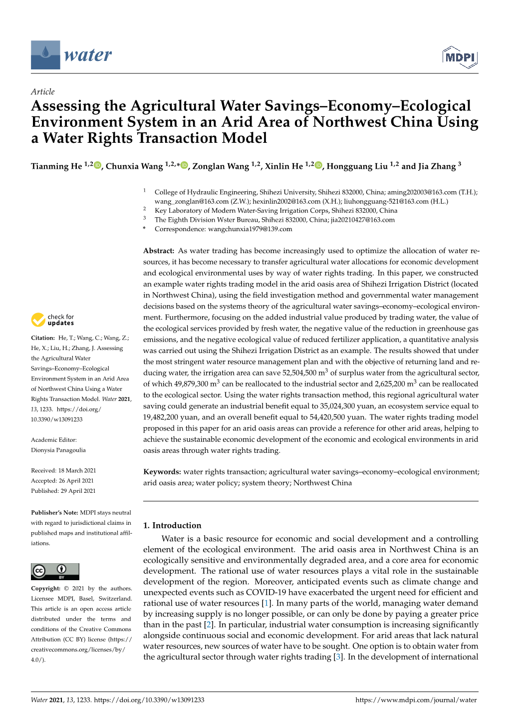 Assessing the Agricultural Water Savings–Economy–Ecological Environment System in an Arid Area of Northwest China Using a Water Rights Transaction Model