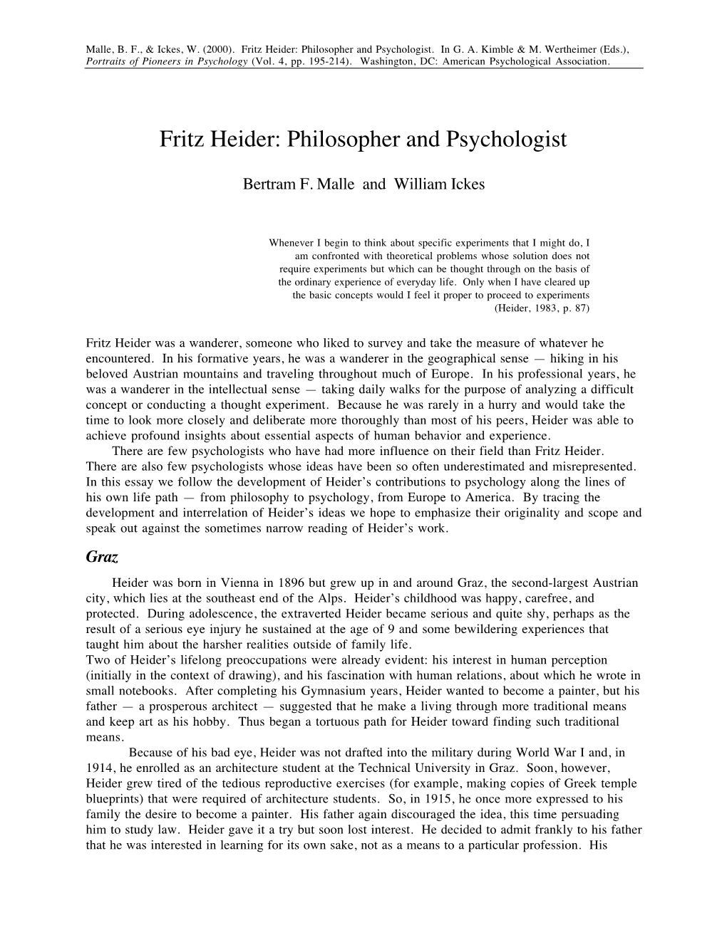 Fritz Heider: Philosopher and Psychologist