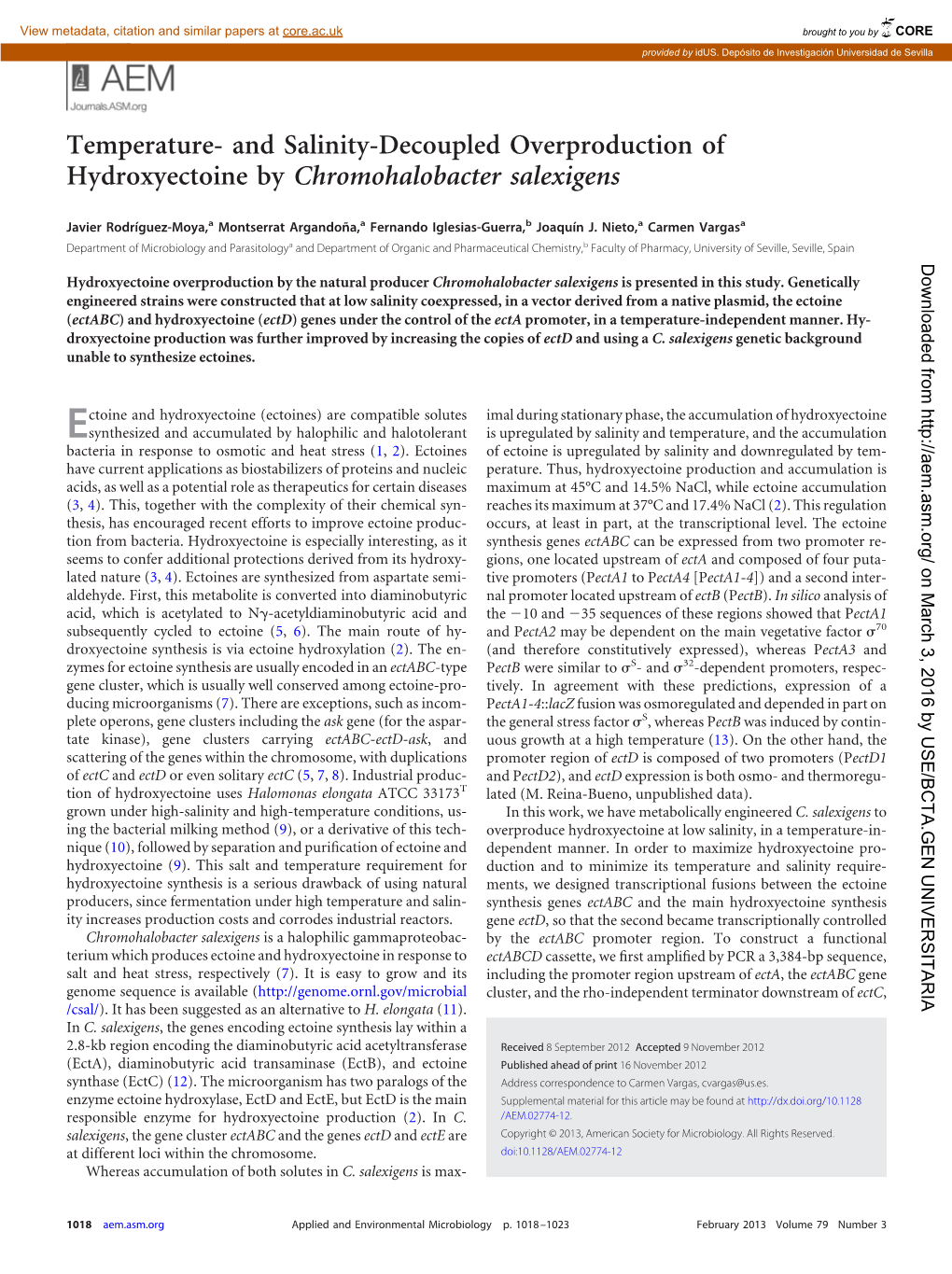 Temperature- and Salinity-Decoupled Overproduction of Hydroxyectoine by Chromohalobacter Salexigens