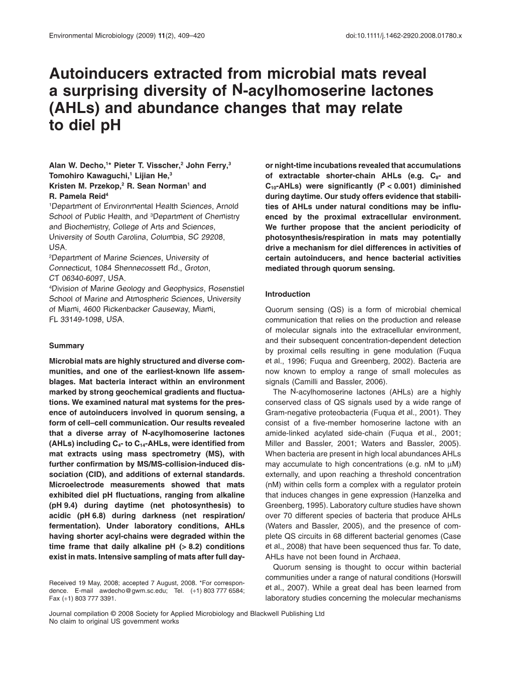 Autoinducers Extracted from Microbial Mats Reveal a Surprising Diversity of N-Acylhomoserine Lactones (Ahls) and Abundance Changes That May Relate to Diel Ph