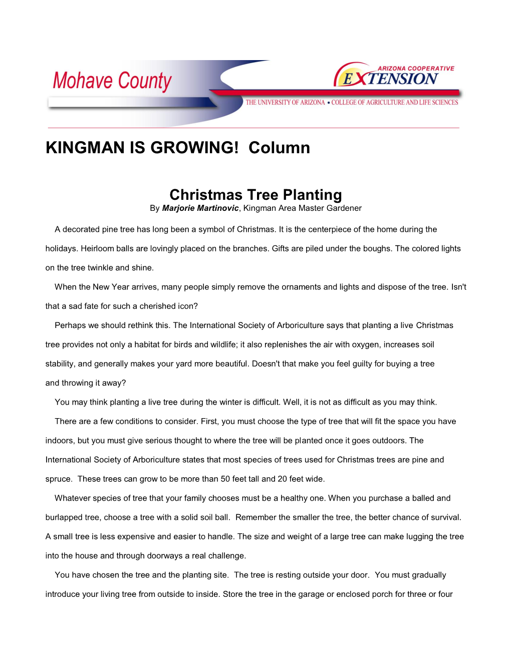 Christmas Tree Planting by Marjorie Martinovic, Kingman Area Master Gardener