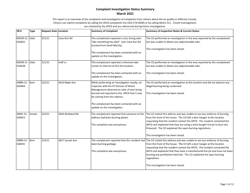 Complaint Investigation Status Report