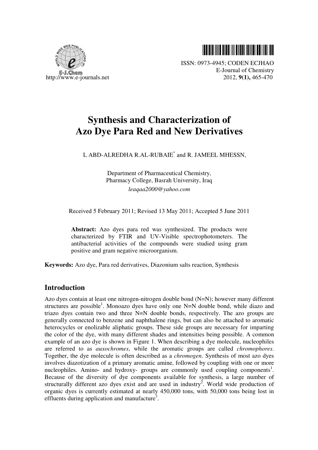 Synthesis and Characterization of Azo Dye Para Red and New Derivatives