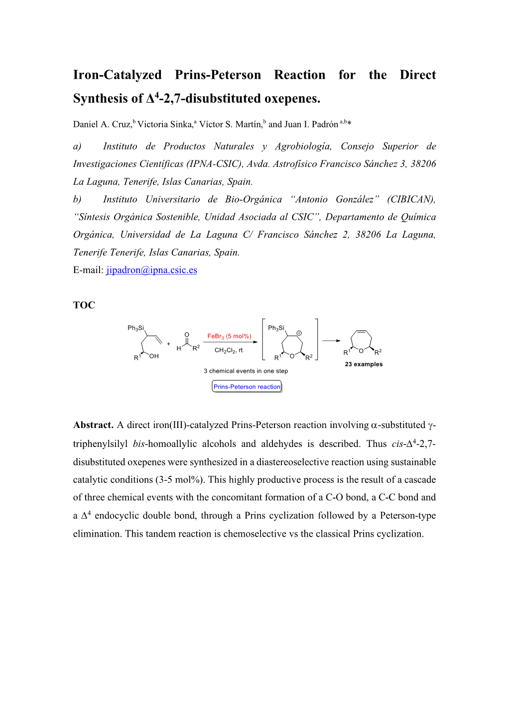 Iron-Catalyzed Prins-Peterson Reaction for the Direct Synthesis of Δ4-2,7-Disubstituted Oxepenes