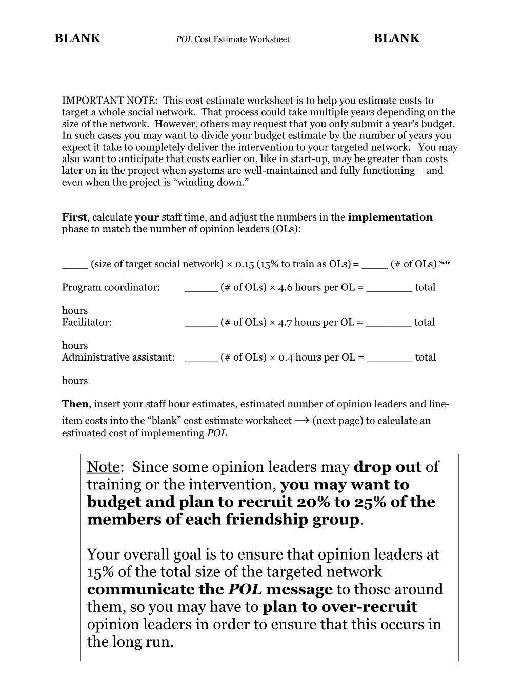 BLANK POL Cost Estimate Worksheet BLANK