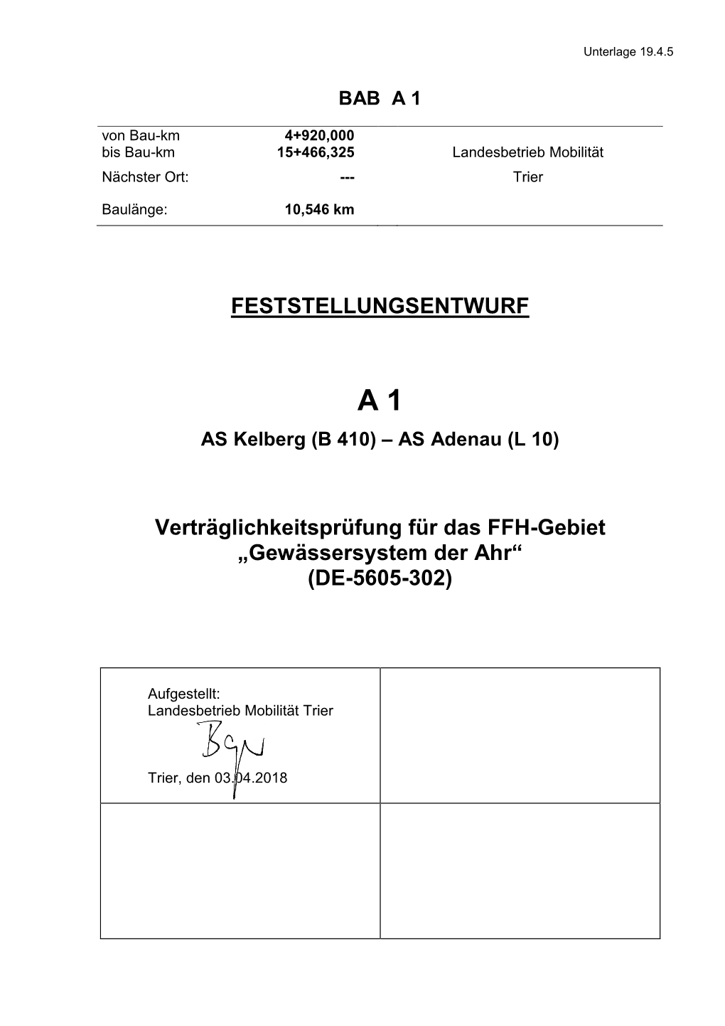 FESTSTELLUNGSENTWURF Verträglichkeitsprüfung Für Das FFH