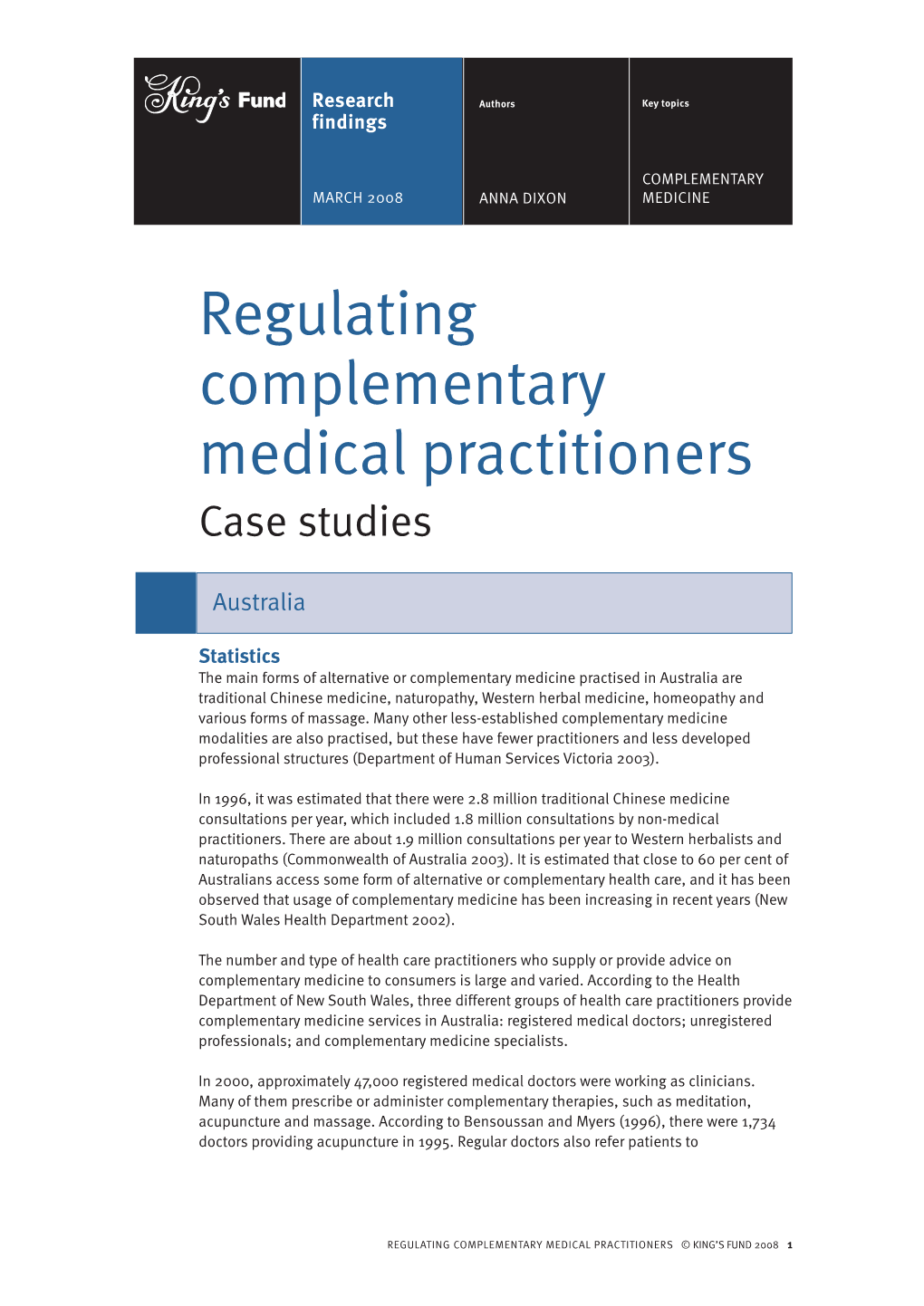 Regulating Complementary Medical Practitioners Case Studies