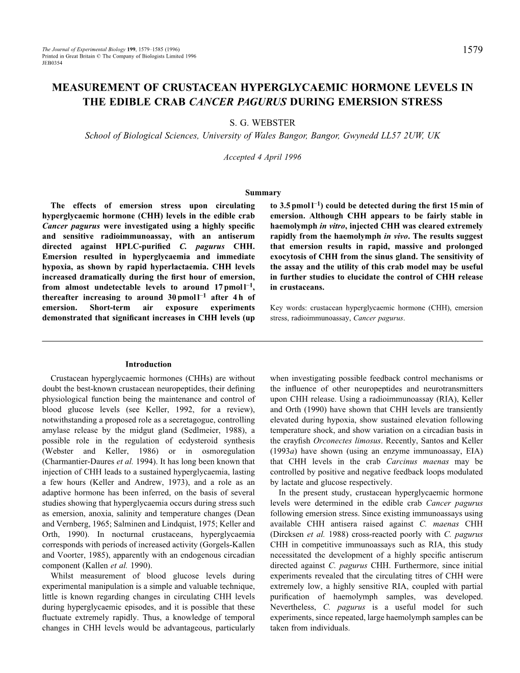 Measurement of Crustacean Hyperglycaemic Hormone Levels in the Edible Crab Cancer Pagurus During Emersion Stress