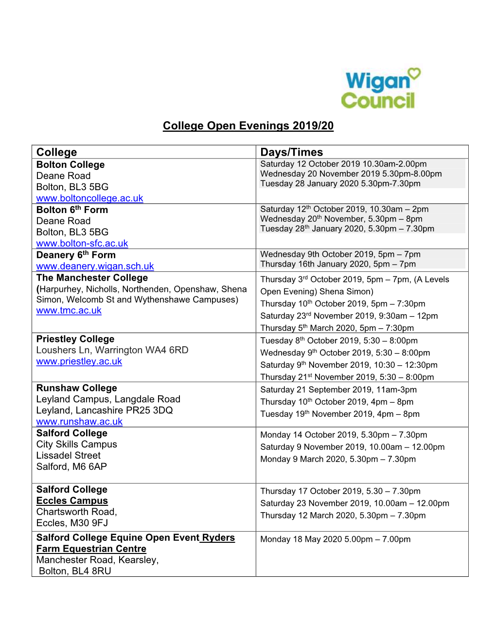 College Open Evenings 2019/20 College Days/Times