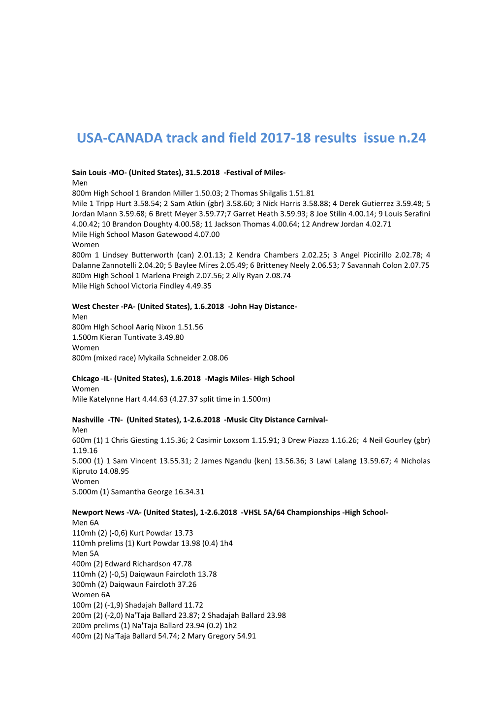 USA-CANADA Track and Field 2017-18 Results Issue N.24