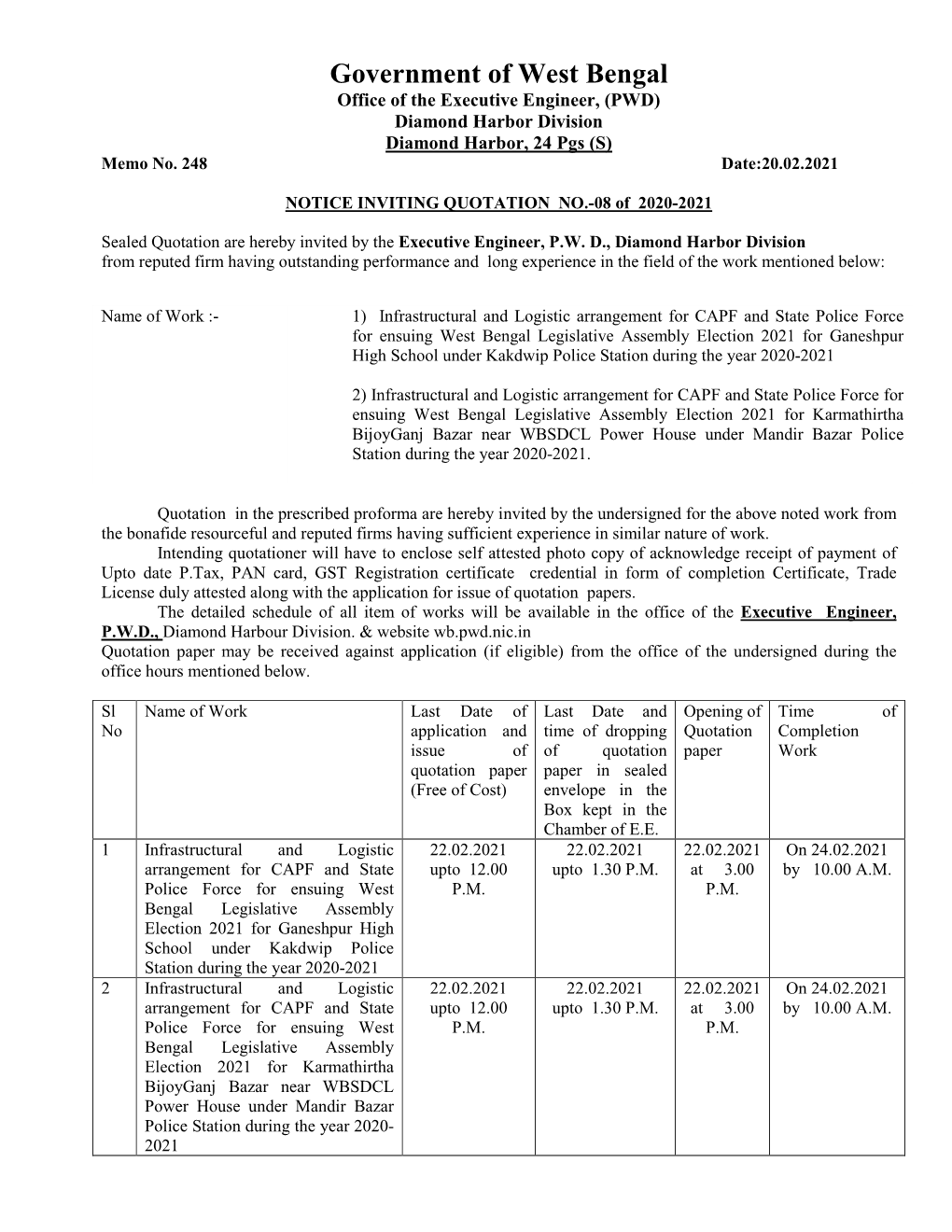 Government of West Bengal Office of the Executive Engineer, (PWD) Diamond Harbor Division Diamond Harbor, 24 Pgs (S) Memo No