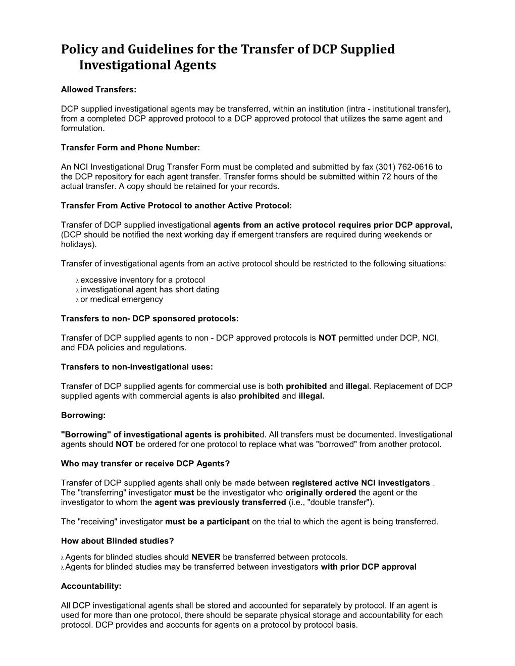 Policy and Guidelines for the Transfer of DCP Supplied Investigational