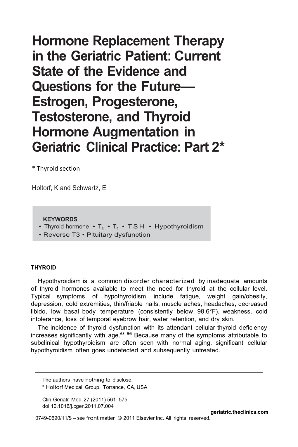 Hormone Replacement Therapy in the Geriatric Patient