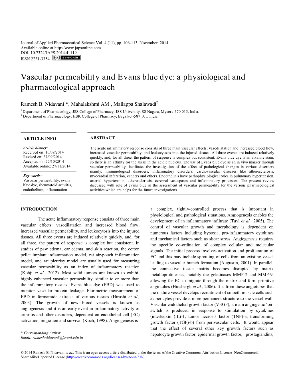 Vascular Permeability and Evans Blue Dye: a Physiological and Pharmacological Approach