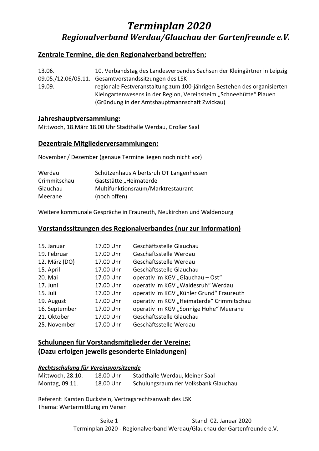 Terminplan 2020 Regionalverband Werdau/Glauchau Der Gartenfreunde E.V