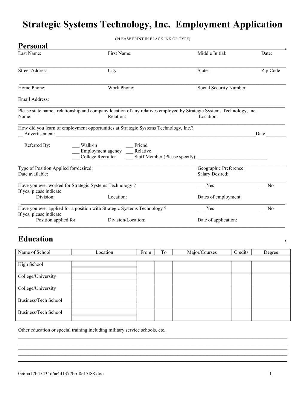 Strategic Systems Technology, Inc. Employment Application