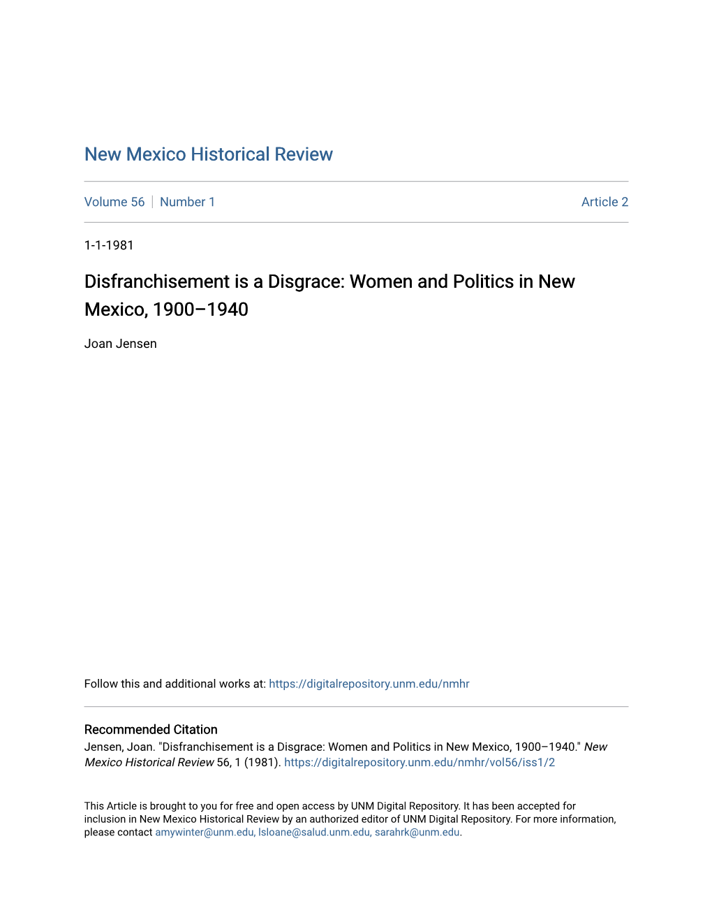 Disfranchisement Is a Disgrace: Women and Politics in New Mexico, 1900Â•Fi1940